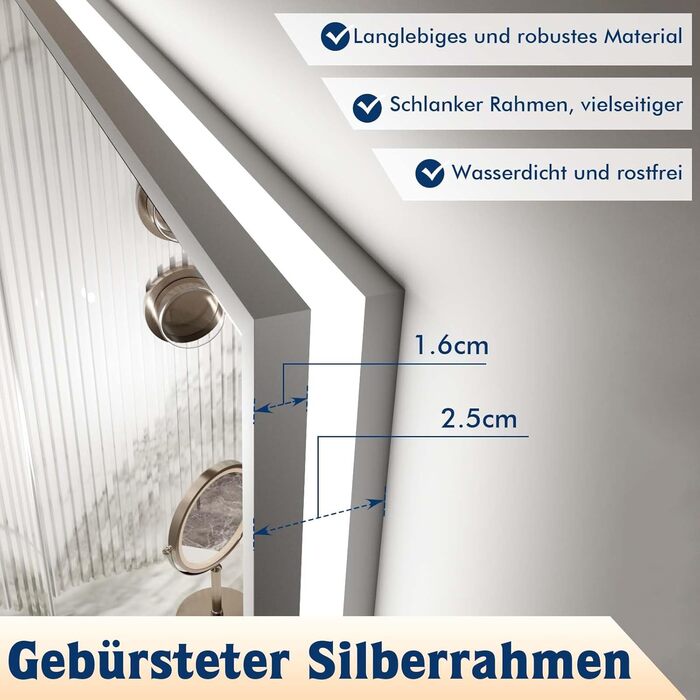 LED дзеркало для ванної кімнати 60x80 см з підсвічуванням, сенсорне, регулювання яскравості, 3 кольори світла, проти запотівання, водонепроникне IP44, горизонтальне/вертикальне