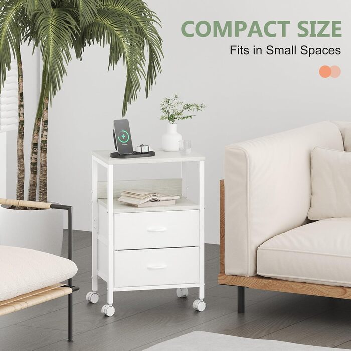 Нічний столик з ящиками та зарядкою, 2 розетки AC та 2 USB, з роликами, білий