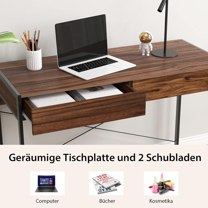 Стіл, 2 шухляди, метал, промисловий дизайн, стіл для ПК, 112 x 48 x 76 см (коричневий)