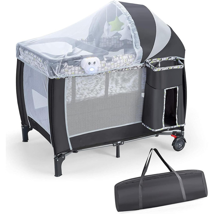 Детское путешествие 102x72 см: складная кроватка-манеж для новорожденных и детей 0-36 месяцев с матрасом, колесиками, москитной сеткой и пеленальным столиком, 3 в 1 (Model 2-gray)