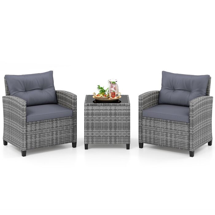 Садовий набір меблів COSTWAY з ротангу, 3 предмети: 2 крісла, стіл із загартованим склом, подушки. Меблі для балкона та тераси на 2 особи, сірий