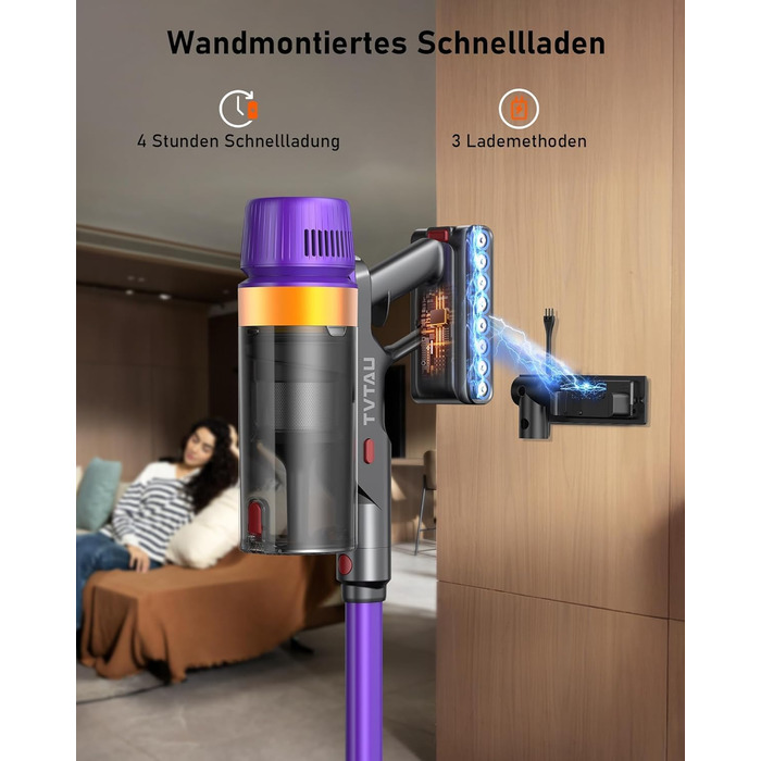 Бездротовий акумуляторний пилосос 50000Pa, 580W, 70 хвилин, 1.8L з дисплеєм, самостійна підставка, док-станція на стіні, антизаплутувальна щітка, 8-рівнева фільтрація, для шерсті тварин/килимів/твердих поверхонь/автомобіля