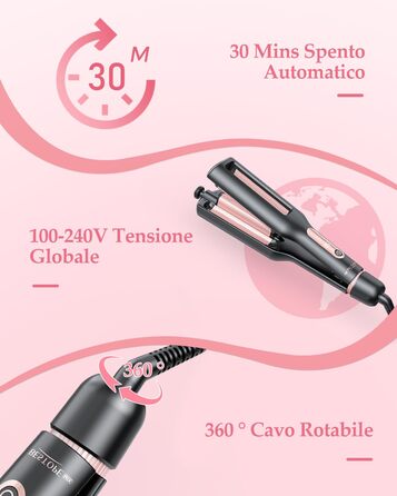 4-в-1 Випрямляч та завивачка для волосся - 22/25/32/38 мм, для створення хвиль, 4 температури (140-210°C), 3 насадки, чорний, Rose