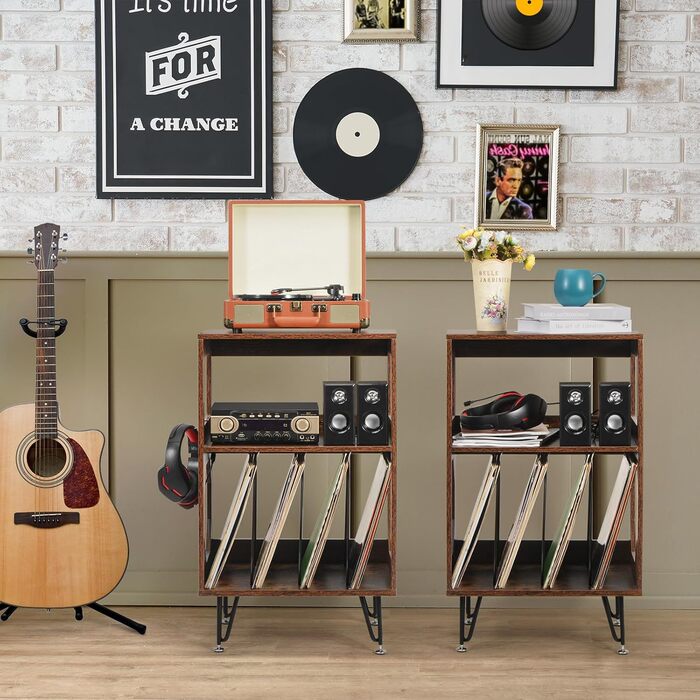 Підставка для програвача вінтажна, приставний столик, полиця для програвача з місцем для зберігання, дерев'яний стіл для програвача, утримує 160 альбомів, для вітальні, спальні, офісу