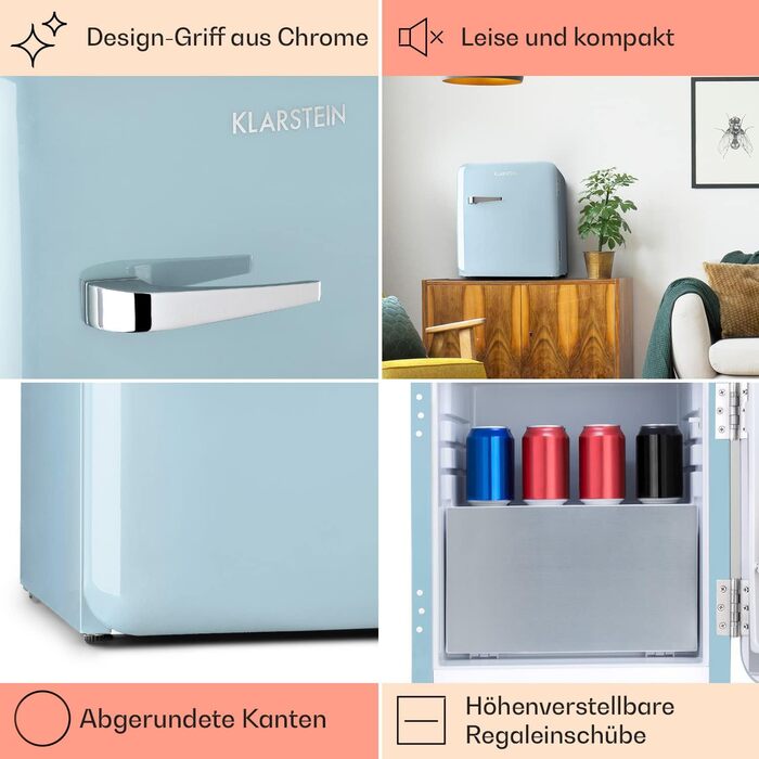 Klarstein Mini-холодильник з морозильною камерою, 32/37 л, для напоїв та косметики, ретро-дизайн, тихий, для кімнати, 2-в-1, енергоклас E, пастельно-блакитний