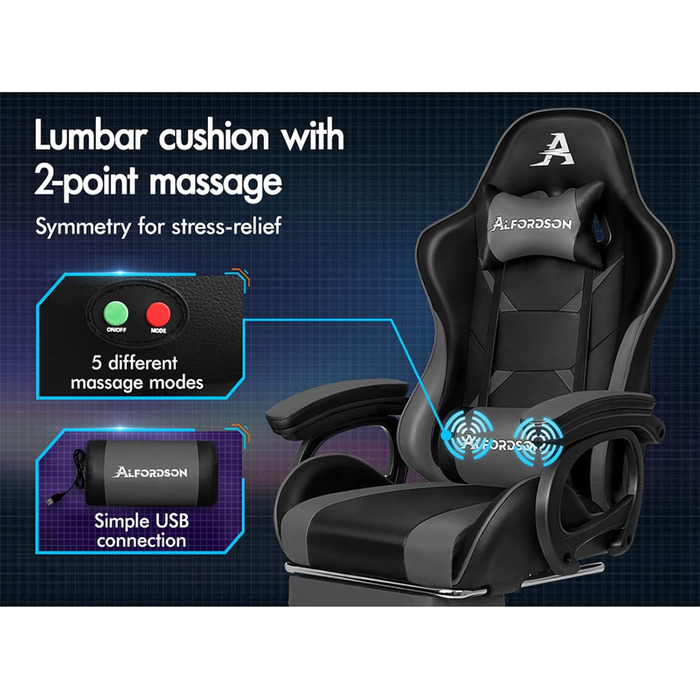 Ігрове крісло ALFORDSON з 8-точковим масажем і RGB LED підсвічуванням ергономічне сіре