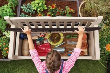 Стілець-лавка Keter Eden для балкона та саду, садовий стілець з вбудованою коробкою для зберігання з об'ємом 265 л, 140x60x84 см, вологостійкий, легкий у догляді, бежевий, для вулиці, з імітацією дерева