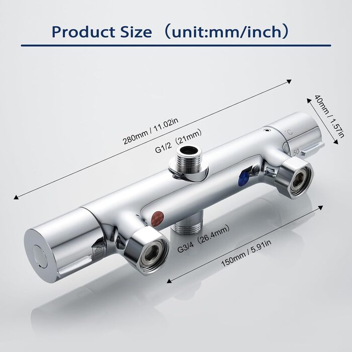 Змішувач для ванни з термостатом, накладний, хром, латунь, з кнопкою безпеки 38°C, для ванни, водопровідний кран, термостат для душу (2 отвори)