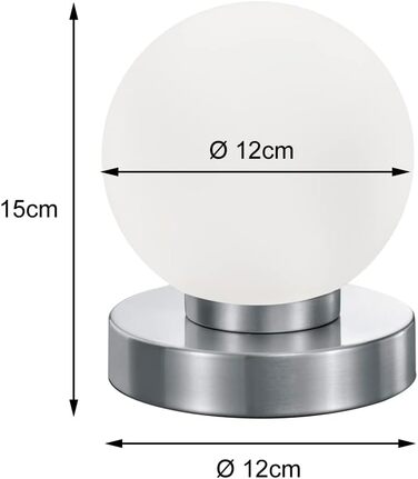 Невелика сенсорна настільна лампа висотою 15 см, скляна куля білого кольору, основа срібляста Настільна лампа срібляста, скло біле