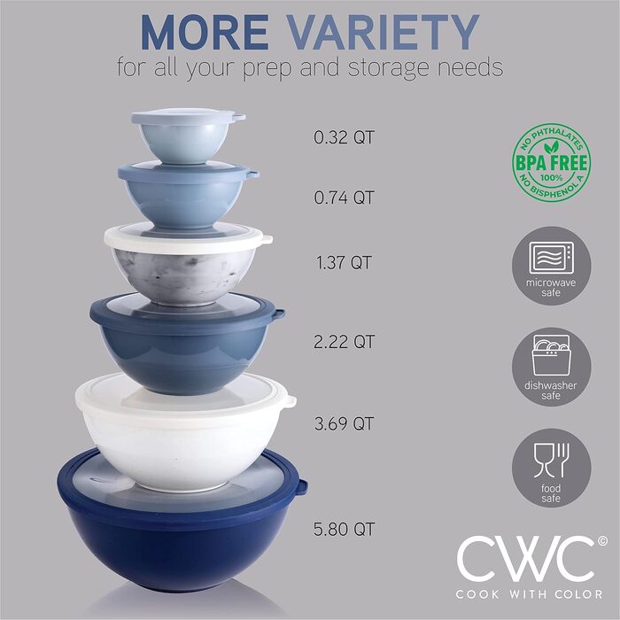 Набір мисок для змішування Cook With Color (12 шт.) з кришками TPR – 6 мисок для приготування їжі та 6 кришок, підходить для мікрохвильової печі (синій та білий)