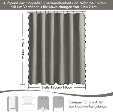 Шторка для душу MIULEE 120x200 см, льонова текстура, з чорною окантовкою, готельний стиль, водонепроникна, антигрибкова, тканинна, з 8-ма кільцями, сіра