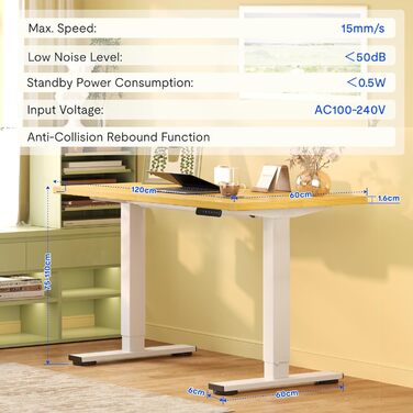 Стол для роботи FlexiSpot: електричний, регулювання висоти, 120x60 см, пам'ять налаштувань, для дому та офісу