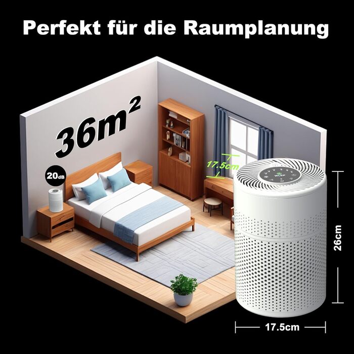 Повітряочисник для спальні KJ1-6 з HEPA H13 фільтром, активованою системою вугільного фільтра, функцією ароматерапії, 360° циркуляцією повітря, нічним світлом та тихим режимом