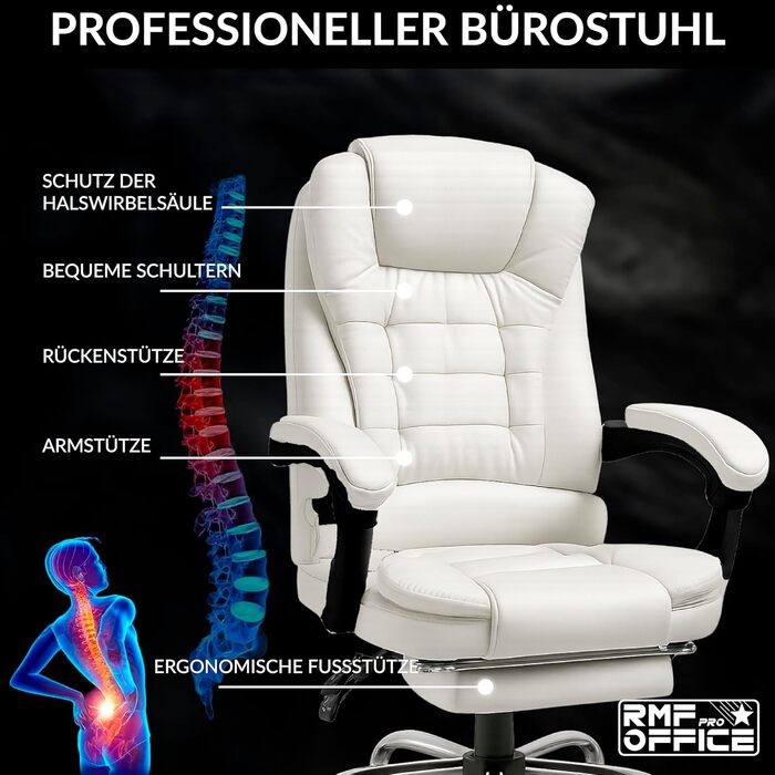 Ергономічне крісло для офісу RMF, регульоване, зручне та розслаблююче - крісло з підніжкою, обертається, регулюється по висоті, біле