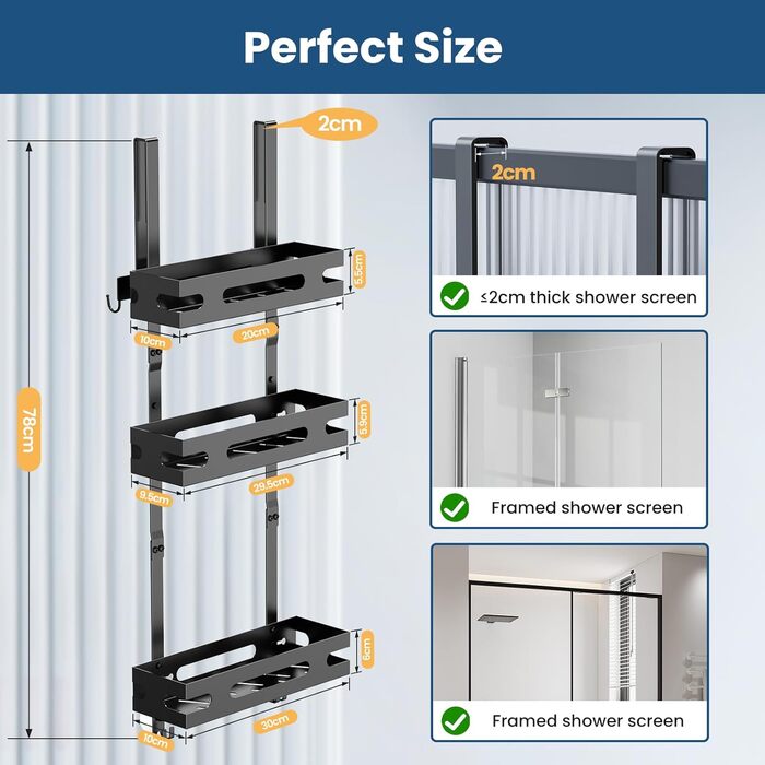 Настінна поличка для душу YEAUPE PRO з 3 ярусами – органайзер для ванної кімнати без свердління, чорний, до 18 кг