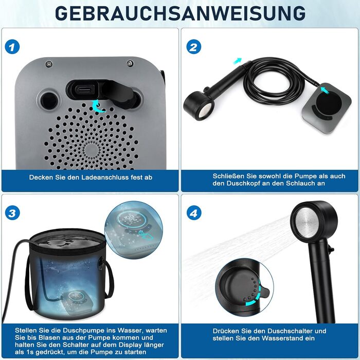 Портативна душова кабіна для кемпінгу Spopal з акумулятором 8000mAh, насосом та індикатором температури. Комплект для відпочинку на природі, автомийки, пляжу, подорожей та догляду за тваринами (сірий)