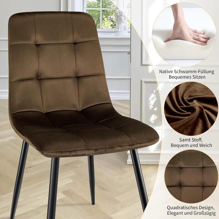 Набір обідніх стільців, м'які стільці з велюровою оббивкою та чорними металевими ніжками, кухонні стільці з вагою до 120 кг (2 шт., коричневий)