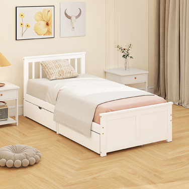 Ліжко одинарне, дерев'яний каркас, ящики на колесах, не потребує ламелей, 90 x 200 см, білий