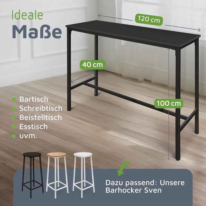 Барний стіл BeFair з дуба та білого кольору, 120x40x100 см, індустріальний стиль, з підніжкою