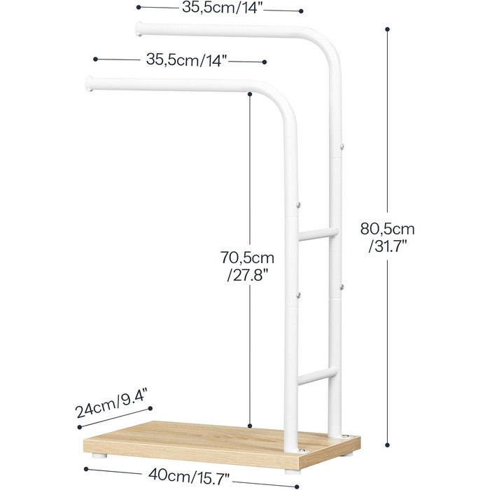 Підставка для рушників HOOBRO, стояча, з 2 перекладинами, білий + натуральне дерево, 40 x 24 x 80,5 см