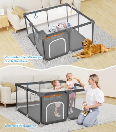 Дитячий манеж Dripex 124x124 см, сірий, з дихаючим мережем, Oxford 210D, для гри та безпеки