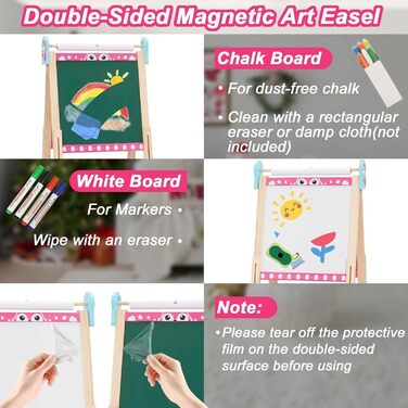 Дитяча мольберт Kinder Staffelei 3 в 1: регульована висота 95-125 см, ролик для паперу, двосторонній, з набором для малювання (100+ шт.), для дітей 3-8 років (рожевий)