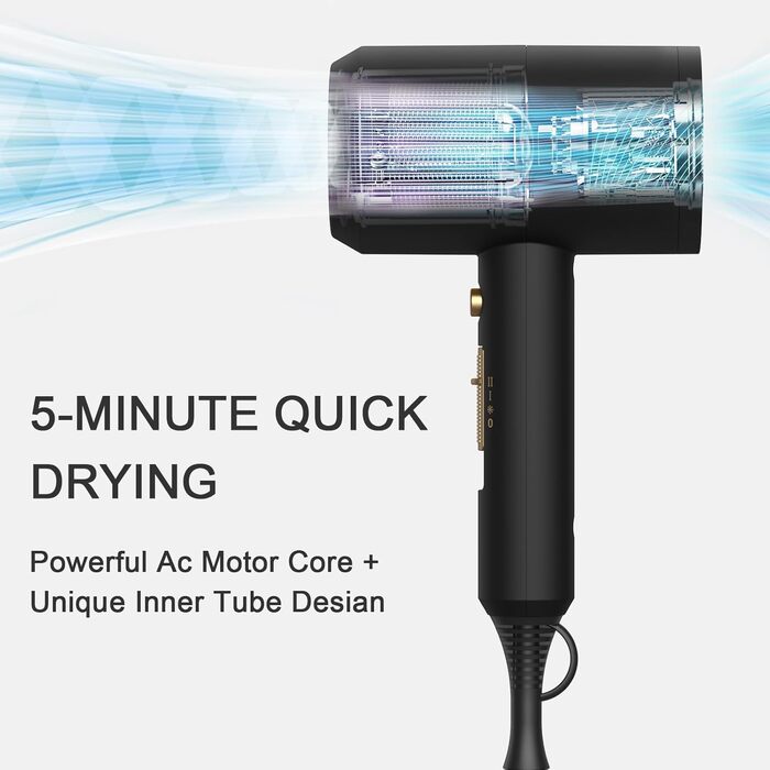 Іонний фен для волосся Slopehill 1800W для швидкого сушіння, професійний салонний фен з 3 режимами температури, 2 швидкостями, кнопкою холодного повітря, 3 концентраторами та дифузором (Графітовий чорний)