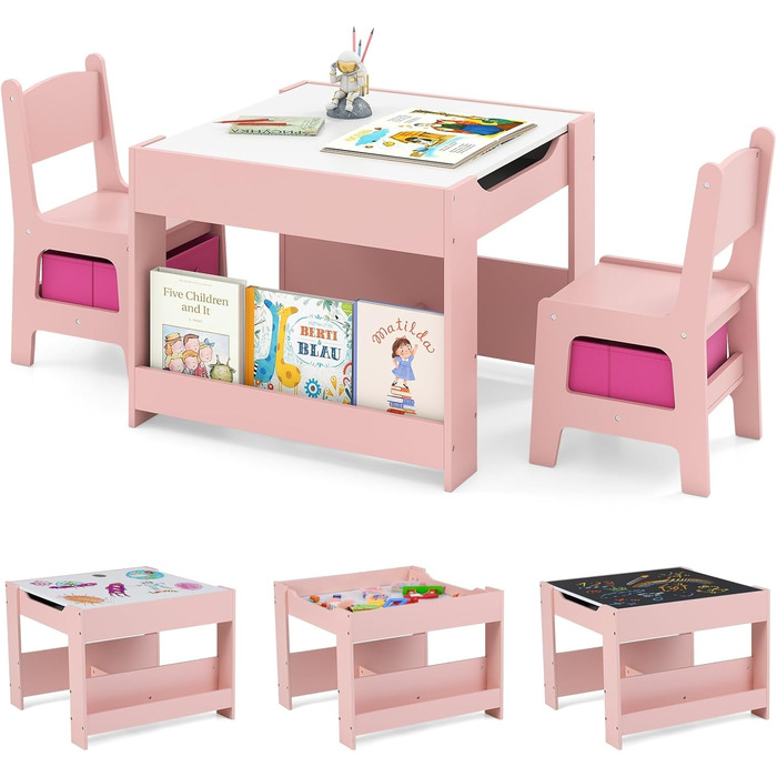 Дитячий стіл LIFEZEAL 3 в 1 з 2 стільцями: стіл для малювання, активностей та обіду. Дерев'яна дитяча група з місцем для зберігання (Рожевий)