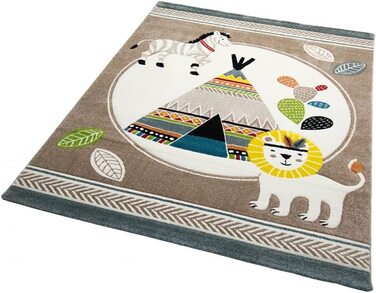 Килим-мрія для дитячої кімнати, килимок для ігор, намет для індіанців, лев, зебра, кактус, розмір (200 х 290 см, бежево-синій, кремово-коричневий)