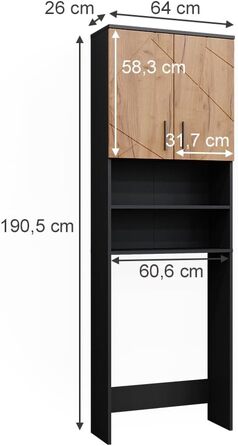 Шафа над пральною машиною Vicco Irma, біла, 64 x 190,5 см, ванна шафа з полицями, колір дуб голдкрафт/антрацит