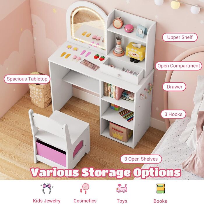Дитячий туалетний столик LIFEZEAL 2 в 1 з дзеркалом та пуфом, з шухлядою, для дівчаток від 3 років (білий)