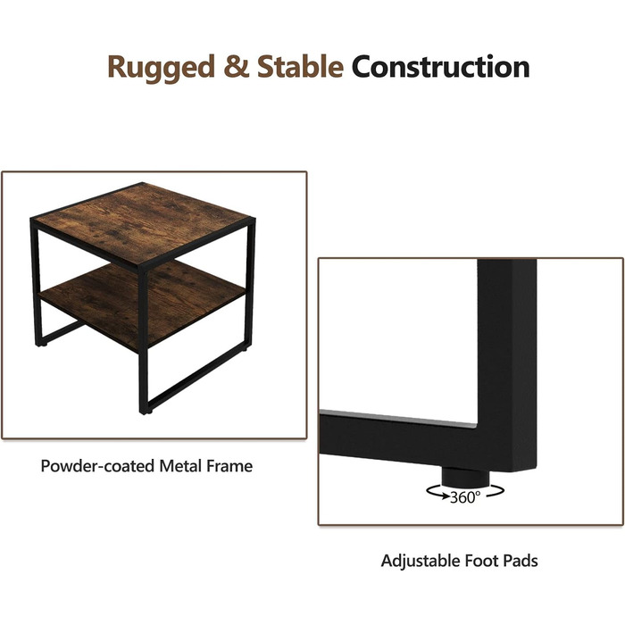 Набір журнальних столів LIFEZEAL з 2 шт. , промислова тумбочка зі сталевим каркасом, диванний стіл з полицями та регульованими ніжками, квадратний стіл для вітальні, спальні та балкона, коричневий