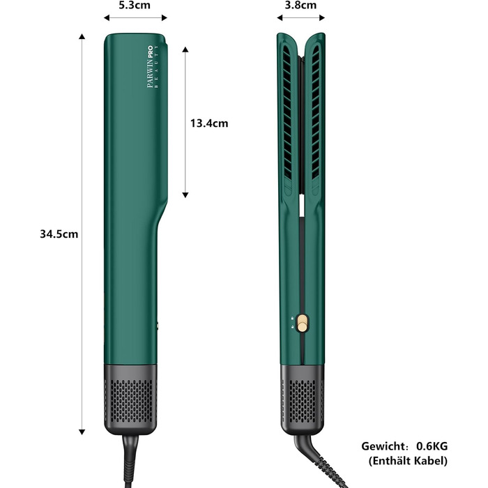 Випрямляч для волосся PARWIN PRO BEAUTY іонний, повітряний, для середнього та довгого волосся (35-75 см), 1200 Вт, темно-зелений