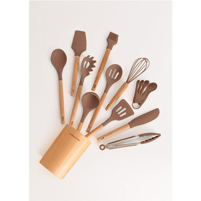 Набір кухонних аксесуарів 11 предметів, кремово-білий, силікон та бука, BPA-free, стійкий до 230°C