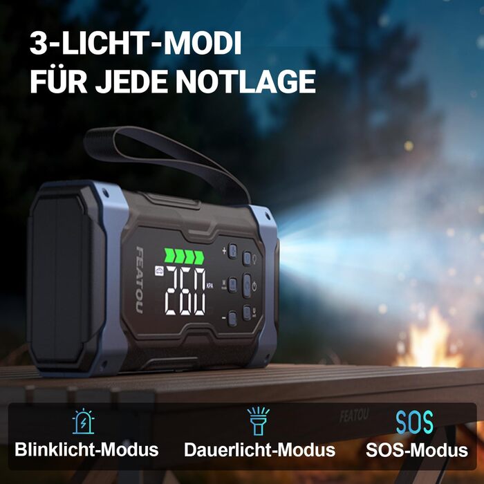 Powerbank з компресором Starthilfe 6500A: акумулятор для автомобіля 12V з повітряним насосом, стартер-бустер (9.0L бензин/8.5L дизель), LED 500 Lumen (чорний), піковий струм 7000A