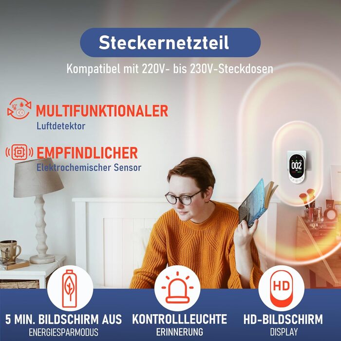 Детектор чадного газу 3-в-1 з HD-дисплеєм, візуальним та звуковим сигналом (CO-метр, температура, вологість) для дому та подорожей