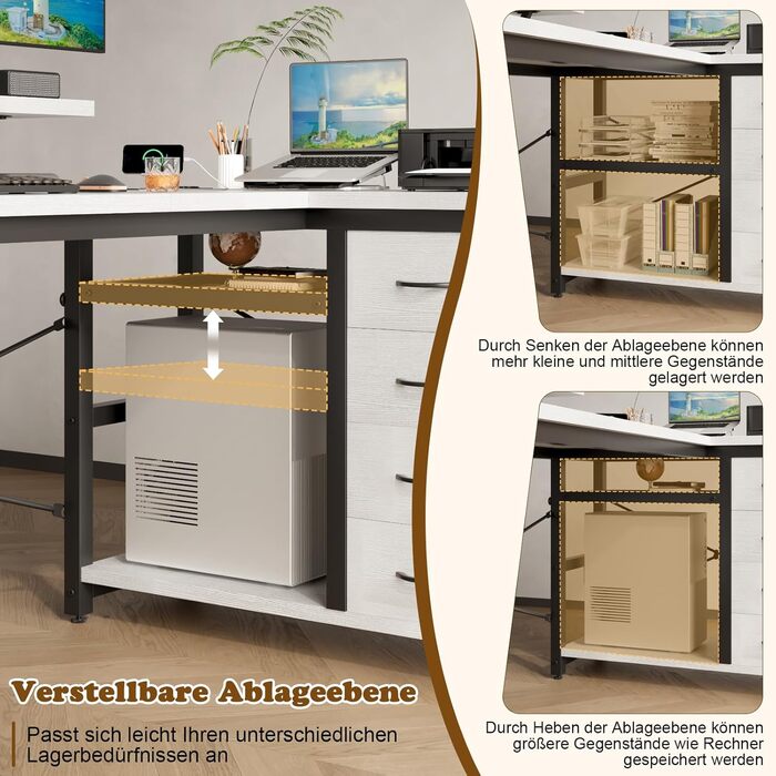 Комп'ютерний стіл L-подібний Devoko з 4 ящиками з тканини, 2 розетками та 2 USB-портами, для дому та офісу, ігор, білий, 140x80 см