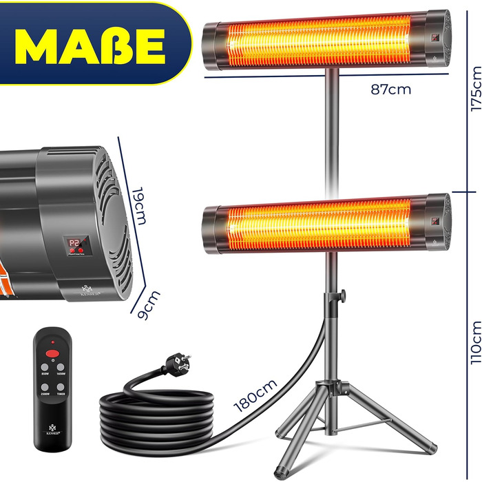 Інфрачервовий обігрівач KESSER® 2500W з пультком та захисним чохлом, телескопічна стійка, для тераси та дому