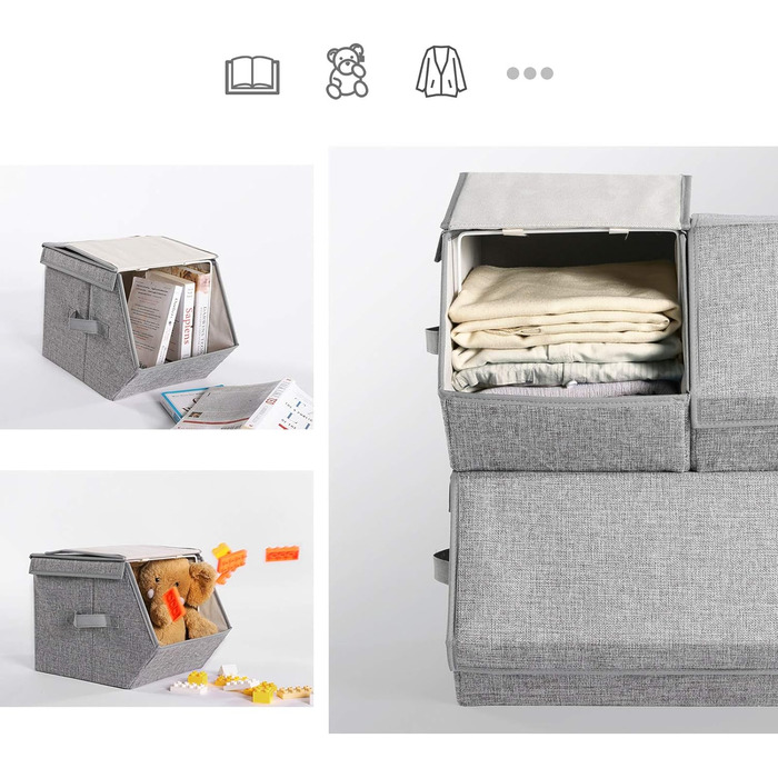 Штабельована коробка для зберігання з кришкою, набір з 3 шт. , органайзер для іграшок, металевий каркас, магнітна застібка, для одягу, іграшок та книг, сірий RLB12GY