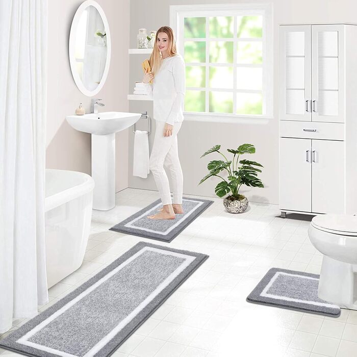 Набір килимків для ванної кімнати Pauwer: м'який, високий ворс, антиковзний. Включає килимок для душу, підлогу та унітаз. Розміри: 45x65 см, 45x120 см, 50x60 см. Машинне прання.