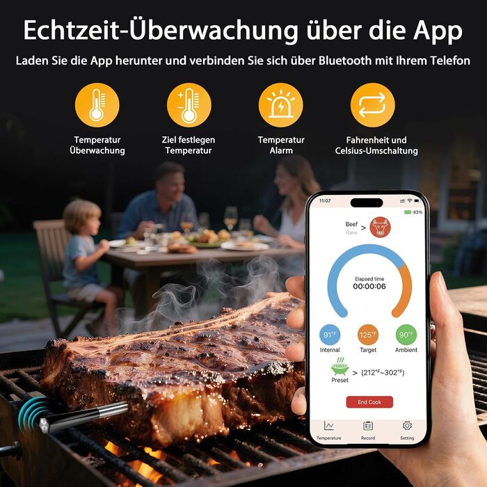 Бездротовий термометр для м'яса BlueSwan Grillthermometer з LCD дисплеєм (2 шт.), водонепроникні зонди IP67, 48 годин роботи від акумулятора, магнітна коробка, Bluetooth 150м, додаток з 9 режимами приготування, термометр для BBQ, духовки, гриля, кухні