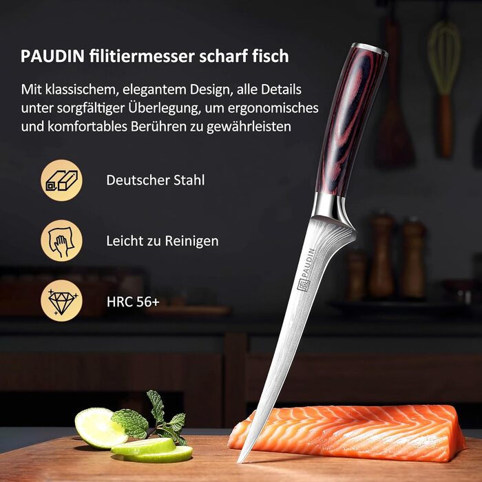 Ніж сантоку PAUDIN з дамаської сталі, 13 см - професійний кухонний ніж для кухні, надзвичайно гострий, з високоякісної нержавіючої сталі та ергономічною ручкою G10 (рибний ніж 18 см)