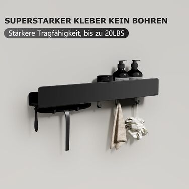 Поличка для душу Rekita без свердління, органайзер для ванної кімнати 40 см, поличка з нержавіючої сталі з 4 знімними гачками, тримач для шампуню для душу, навісна полиця, полиця для ванної кімнати (Чорний-50см)