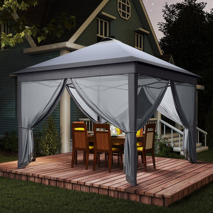 Павільйон-шатер 3,3 x 3,3 м з LED-підсвіткою, сітчастими шторами, сумкою для перенесення, сірого кольору