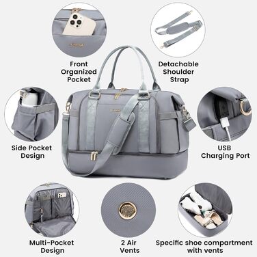 Спортивна сумка LOVEVOOK для подорожей, жіноча дорожня сумка Weekender з косметичкою, відділенням для взуття та мокрих речей, водонепроникна, 37L, сіра