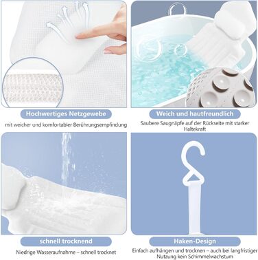 Подушка для ванни повномірна 134x41 см з підголівником та підтримкою попереку, швидковисихаюча, гіпоалергенна, з гачком та рукавичкою для ванни