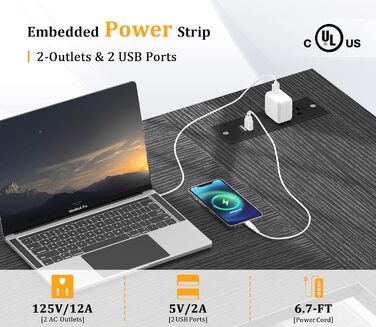 L-подібний письмовий стіл з розетками та USB, 119,8 см, універсальний офісний кутовий стіл для невеликого приміщення, чорний, з органайзером і гачками