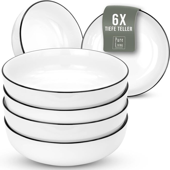 Тарілки для сніданку, десертні тарілки Scandi Porcelain - Набір тарілок для тортів з 6 шт. , скандинавський дизайн, можна мити в посудомийній машині - білий 6 персон - маленькі, плоскі тарілки - Набір посуду Pure Living (глибокі тарілки (6x))