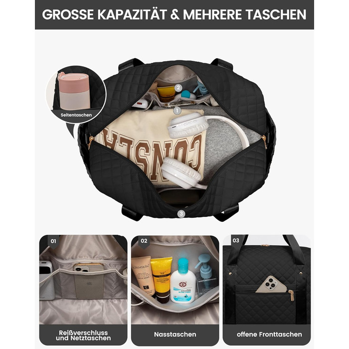 Спортивна сумка LOVEVOOK для жінок з відділенням для ноутбука, 40L, з відділенням для взуття. Ідеальна для подорожей, спортзалу, фітнесу та клініки. Чорний колір.