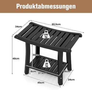 Двомісний стілець для душу Costway з полицею, 170 кг, 60,5 x 34 x 48 см (Чорний)